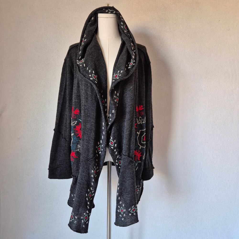 CAITE Wool Blend Embroidered Boho Duster Cardigan Open Front Hooded Pocket